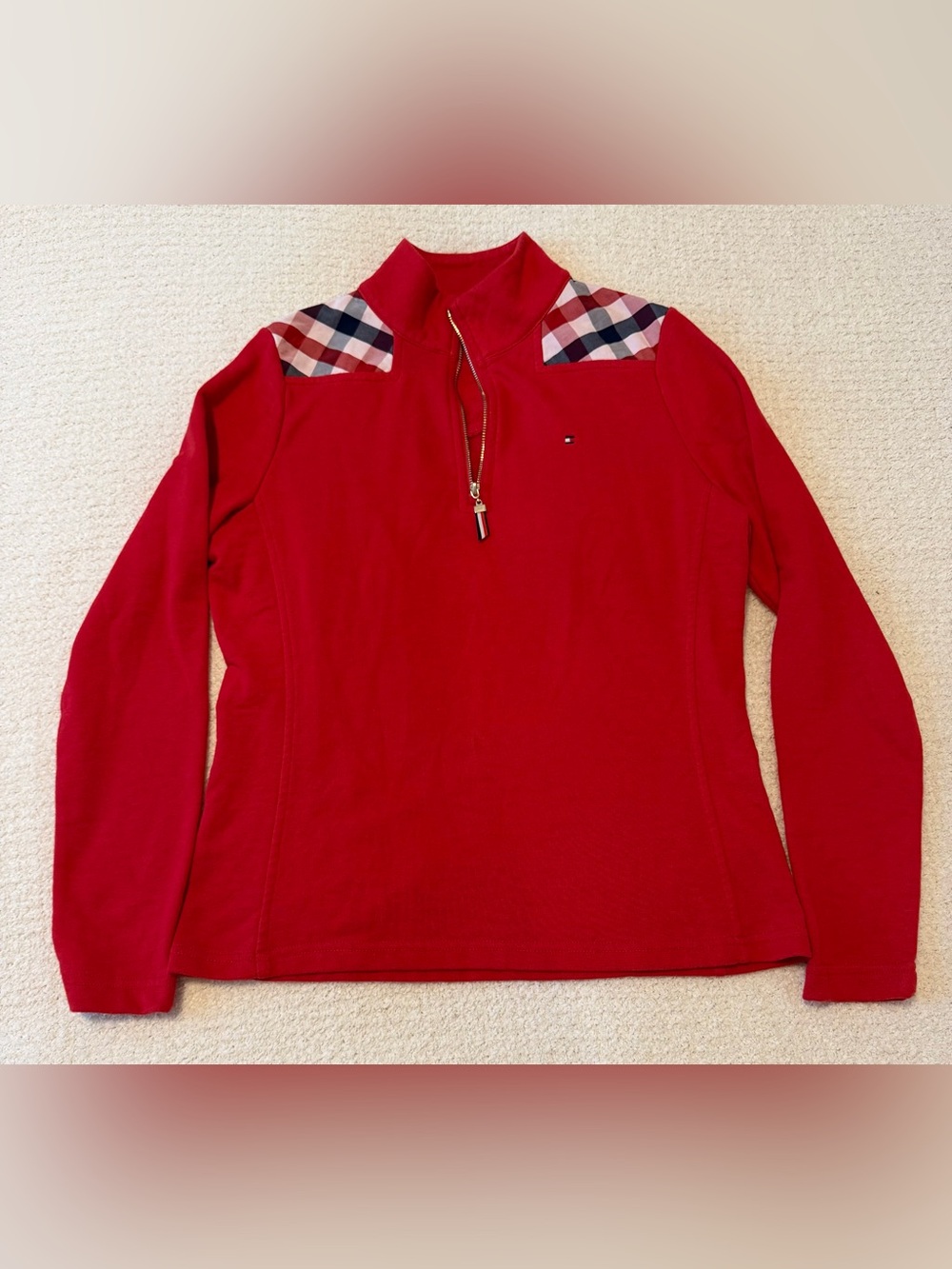 Tommy Hilfiger Women Red 1/4 Zip Sweatshirt Plaid Accent Collar Size S/P